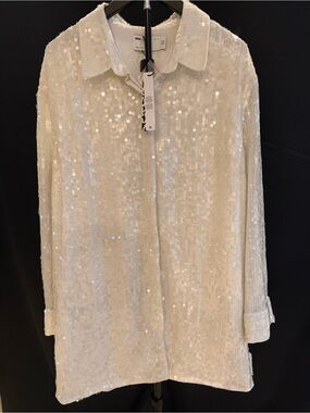 ASOS EDITION Oyster White Sequin Mini Shirt Dress US 10 NWT